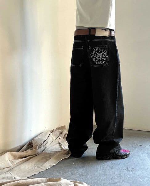 Divin Baggy Fashion Six Stars Denim Pants Hip Hop Letter Embroidery Men Straight Wide Leg Jeans Gothic Streetwear Black Jeans Z260429