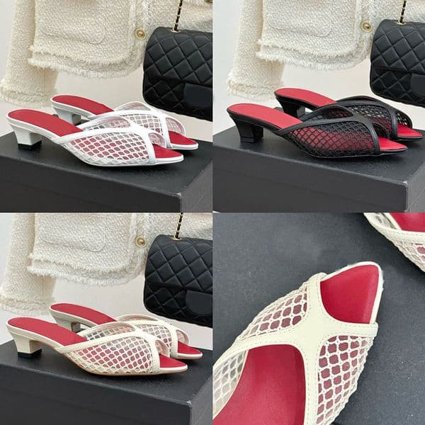 26ss new mesh slippers designer slides high heels mules designer sandals chain sliders slip on summer sandals designer women heels sandale beach slipper 10a quality