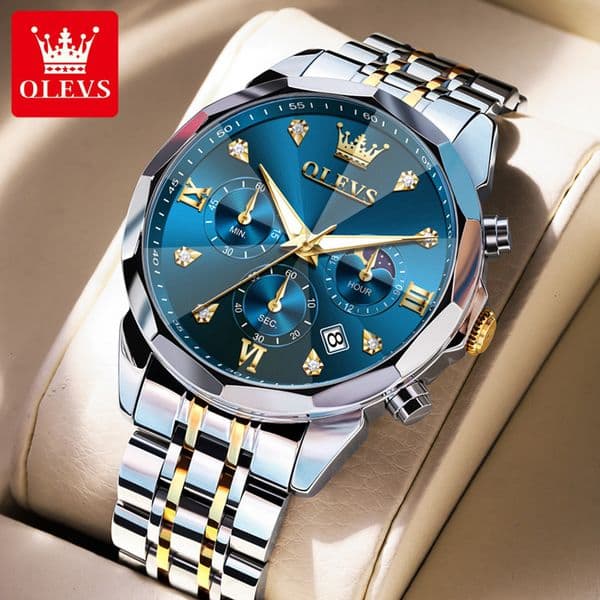 OLEVS Designer Mens Chronograph Watch Three Eyes Six Hands Multi Function Stainless Steel Quartz Wristwatch Waterproof Luminous Business Casual Multi Color Style