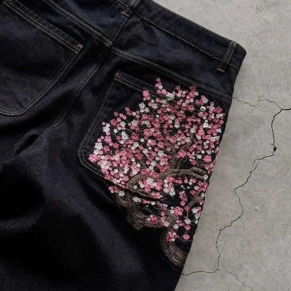 Y2K Baggy jeans Cherry Blossom Selvedge Embroidery Denim Pants men women denim fabric American Hiphop Streetwear Wide Leg Jeans Z260429