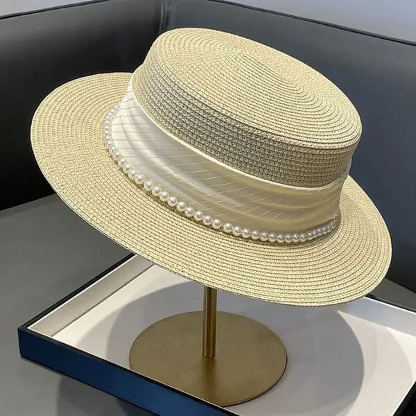 Summer Elegant Pearl Chain Flat Sun Hats for Women Chapeau Feminino Straw Hat Panama Wide Brim Anti-UV Beach Cap Girl Topee 260508