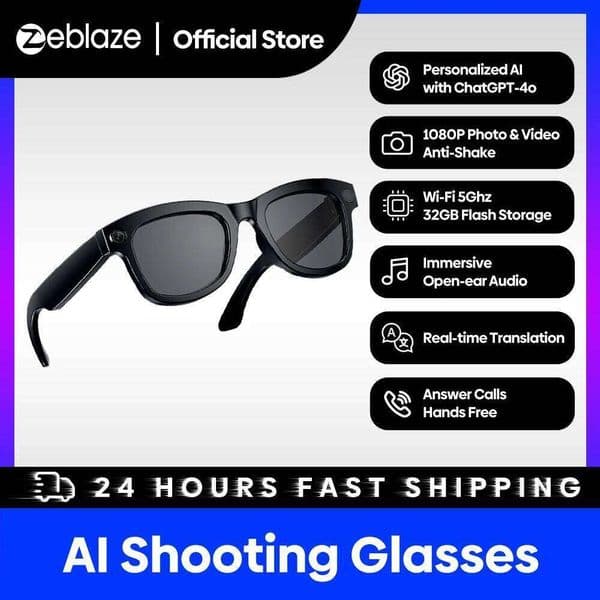 Zeblaze Eyewear Shooting Glasses High-Res Photo&Video Open-Ear Audio Personalized AI With Chatgpt-4O Wi-Fi 5Ghz 32Gb Storage Smart Glasses