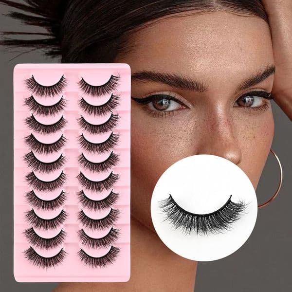 3D Faux Mink False Eyelashes Natural Wispy Look - 10 Pairs Volume Fluffy Full Strip Lashes Soft Lightweight Reusable Eyelash Extensions Easy Application
