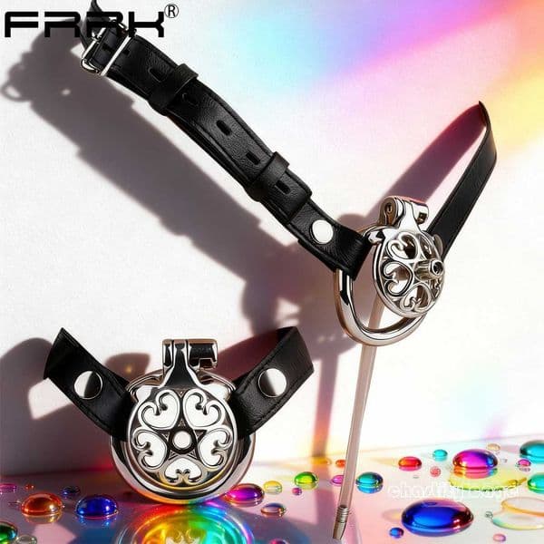 FRRK Hollow Male Chastity Cage with PU Band Belt Penis Ring Siliocne Urethral Sounding BDSM Cock Cage Erotic Sex Toys For Men S260508