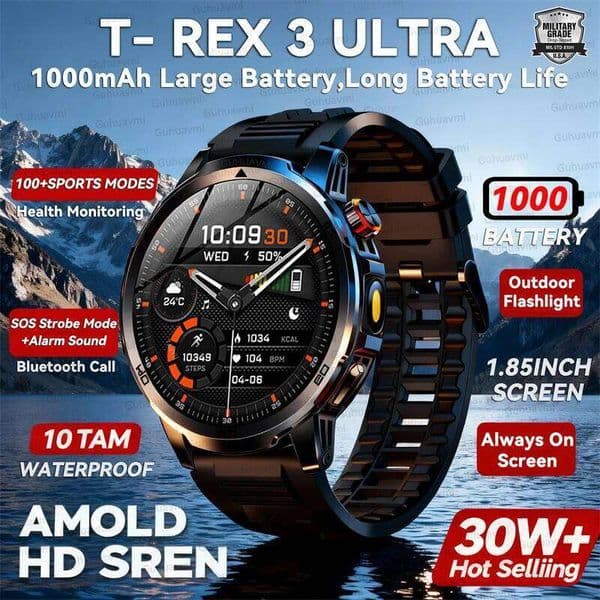 2026 T-Rex 3 Smart Watch Fitness Clock Men 466*466 AMOLED Screen 1000mAh Battery Flashlight Call Waterproof Smartwatchs 26H0508