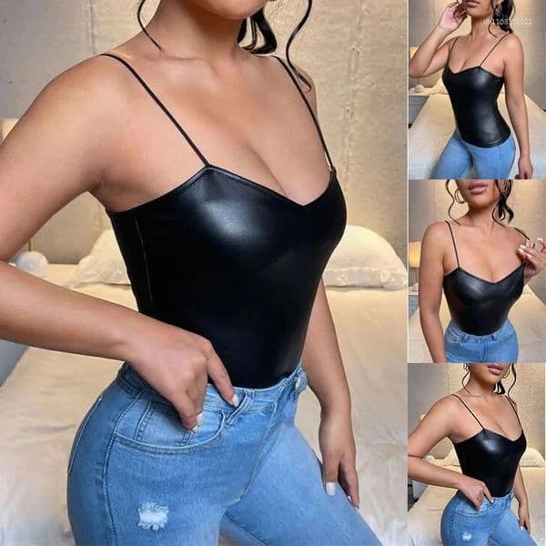 Women's Tanks Sexy Wrap Deep V Neck PU Patent Leather Halter Crop Tops Women Tank Top Camisole Female Sleeveless Cropped Vest