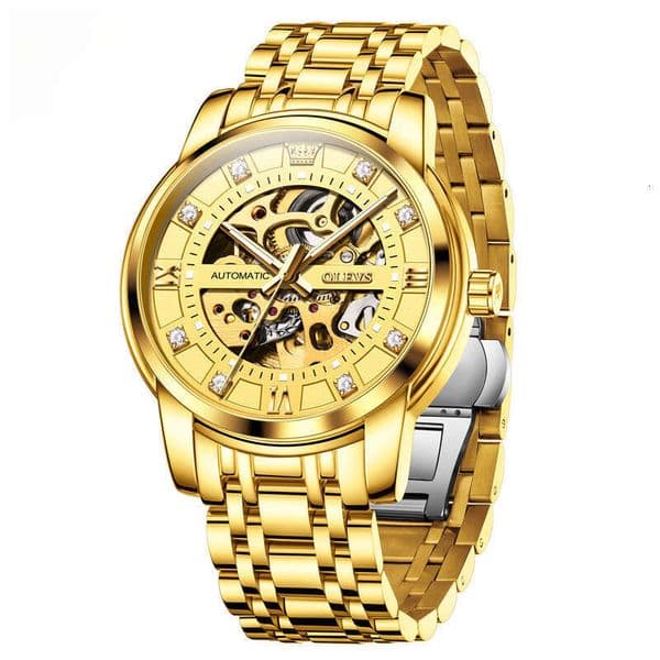Men's Automatic Mechanical Watch, Gold Tone Stainless Steel Skeleton Dial with Diamond Markers, Waterproof Luminous Luxury Business Wristwatch