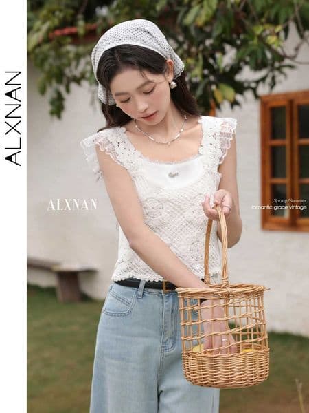 ALXNAN White Tank Tops 2026 Summer Elegant Cotton Womens Camisole Lace Fake Two-piece Design Chic Sleeveless Tops Ladies L53815T260509