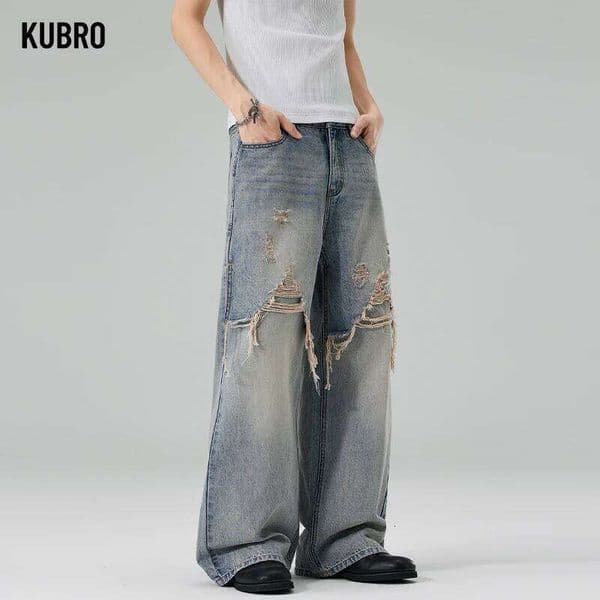 Men's Y2K Straight Jeans Distressed Men Jean Ripped Holes Washed Denim Pants Spring Loose Solid Zipper Pockets Casual Trend 2026 26Y0509