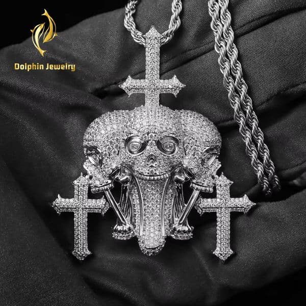 VVS Moissanite Iced Out Skull Cross Pendant 925 Silver Hip Hop Jewelry for Men
