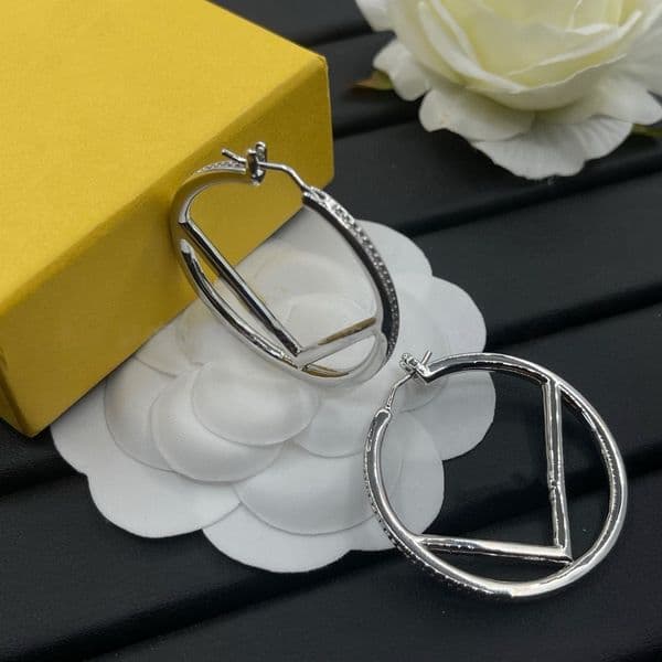 Fashion Rhinestone Large circle hoop earrings for Women Double Letter F Irregular Studs 18K Gold plated Earrings Studs Crystal Gold Silver Women Wedding Jewelry