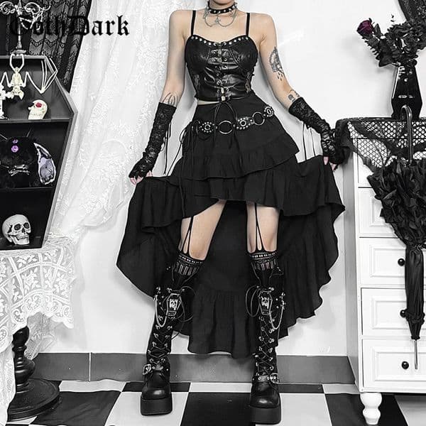 Goth Dark Kawaii Black Tiered Skirts 90S Retro Irregular Hem Party Bottoms Mall Gothic Women Fashion Dragging Skirt Alt Clothing 260508