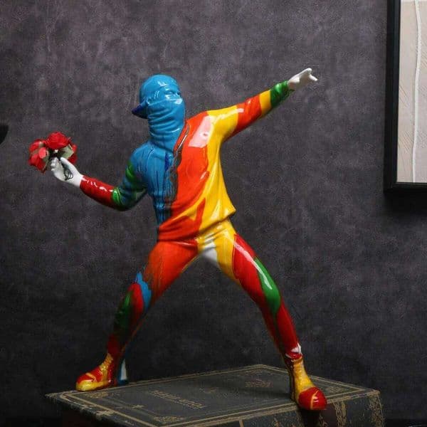1pc Colorful Balloon Man Throwing Flowers Sculpture, Modern Resin Decor Peace Statue with Love Pattern 26L0509