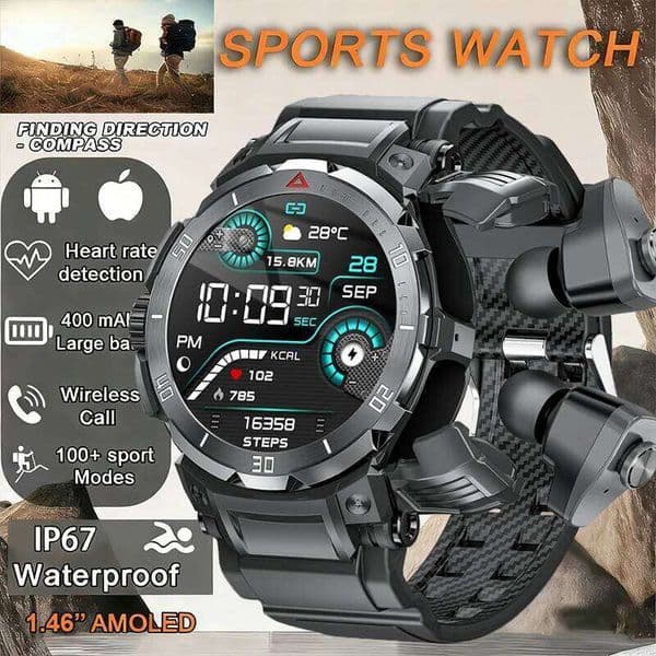 New 3 in 1 Smart Watch Men With TWS Headset Rugged BT Call Fitness Tracker IP67 Waterproof for Android iOS 26H0508