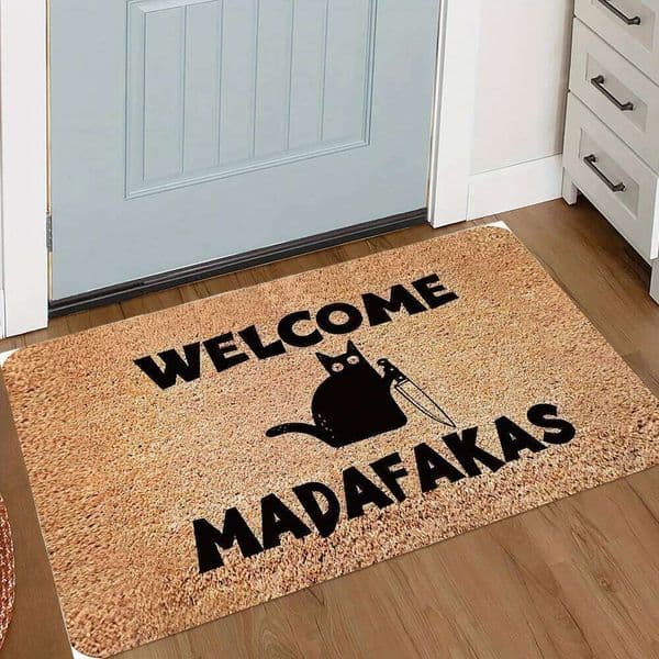 Funny Welcome Madafakas Doormat Brown Carpet with Cartoon Cat Knife Design Non-Slip Humorous Entrance Mat for Home Easy To Clean 26H0509