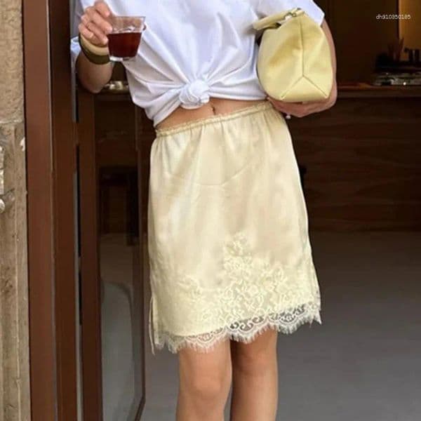 Skirts Tuularose Fashion Satin Mini Skirt Women's Lace Patchwork Elegant Autumn High Waist Solid A-line Outfits