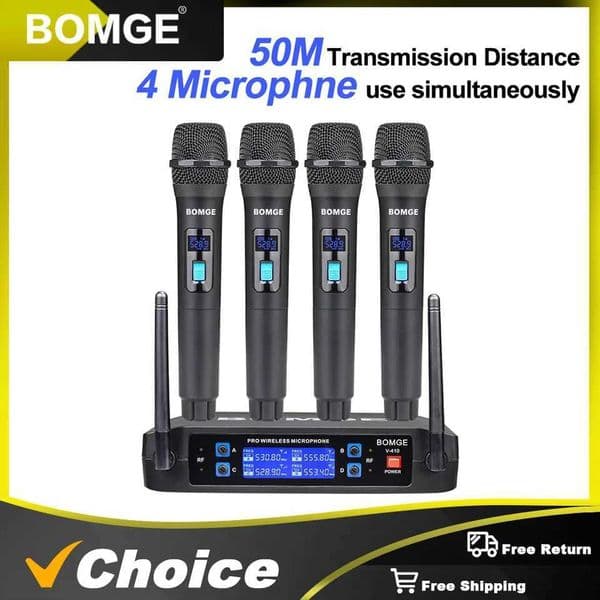 BOMGE 4 channel wireless microphone System Cordless Mic Set With Four Handheld Mics Fixed Frequency Long Range 200ft S260508