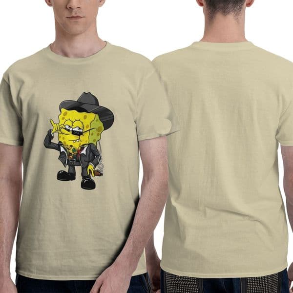 Mens SpongeBob Suit Graphic T Shirt Funny Cartoon Print Black Cotton Streetwear Top Casual Short Sleeve Tee for Summer