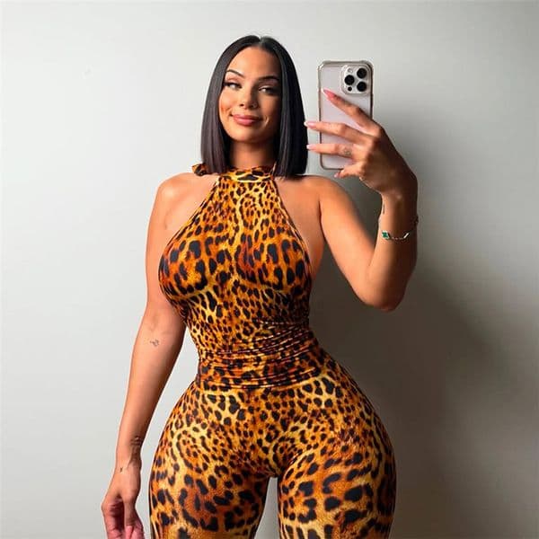 2026 summer new sexy hot girl backless hanging neck strap leopard print hip lifting tight jumpsuit for women
