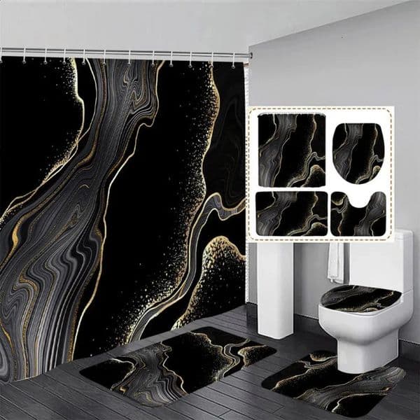 Luxury Designer Decor Black Marble Shower Curtain Set Gold Lines Abstract Textured Pattern Modern Bathroom Decor Non-Slip Rug room Bath Mats 76