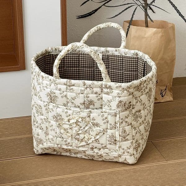 Airfriend Vintage Floral Organizers Basket With Handle Portable Home Room Quilted Foldable Storage For Snack Clothes Toys 260507
