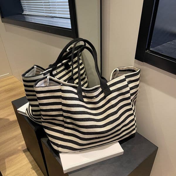 Casual Striped Canvas Bag For Women Large Capacity Shoulder Daily Shopping Totes Student Bookbag for School Travel Beach 260507
