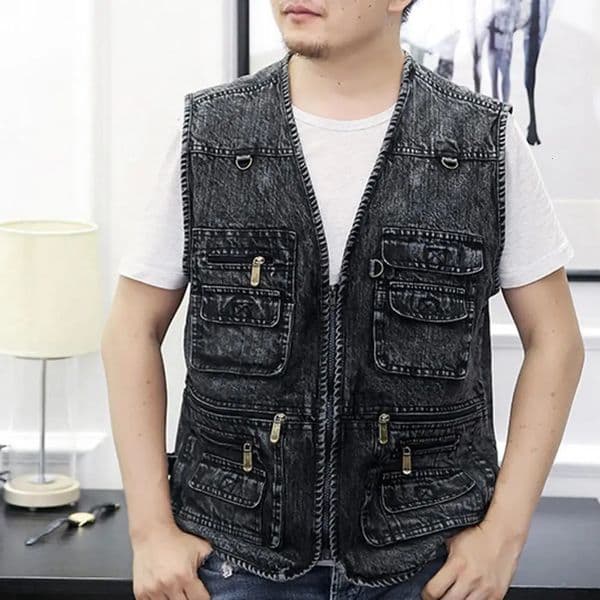Men Spring Autumn Vest Coat Solid Color V Neck Sleeveless Multiple Pockets Denim Vest Loose Zippers Men Waistcoat For Outerwear 260509