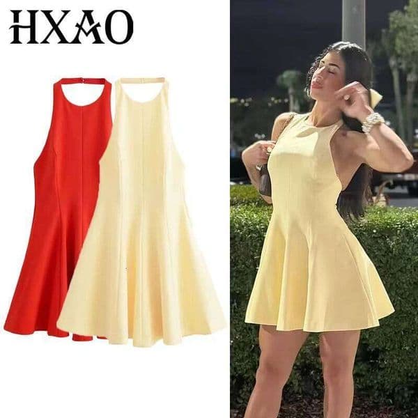 HXAO Halter Short Womens Dresses Red Yellow Woman Summer 2025 Ruffled Backless Sleeveless Vestidos Elegant Dress 066 26W0509