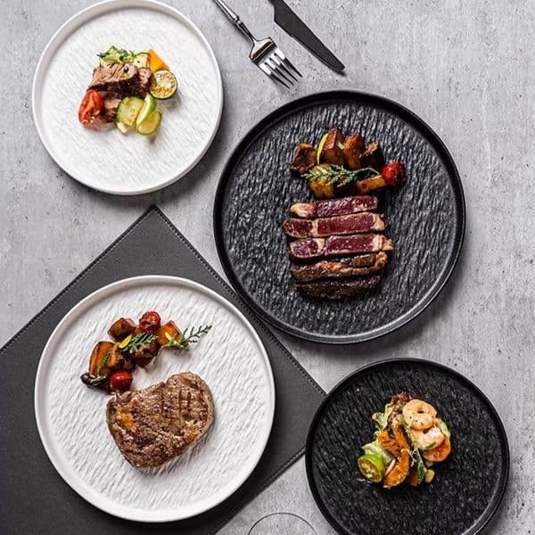 Nordic Matte Ceramic Steak Plate Rock Texture Porous Dinnerware Set 8/10 inch Luxury Round Dessert Pizza Tray Dish Microwave Safe Home Restaurant Hotel