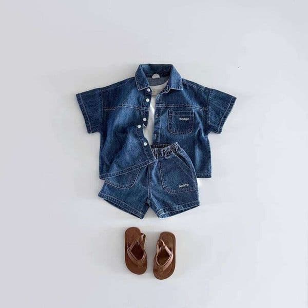 TZ2638 Korean Style Baby Boys Girls Short Sleeve Denim Shirt Shorts Set Summer Fashionable Cute Two-Piece Outfit for Toddlers 26W0509