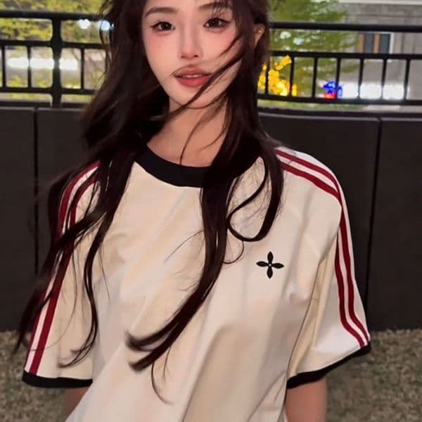 2026 American retro color - blocking striped short - sleeve T - shirt for women loose casual and unique top for summer