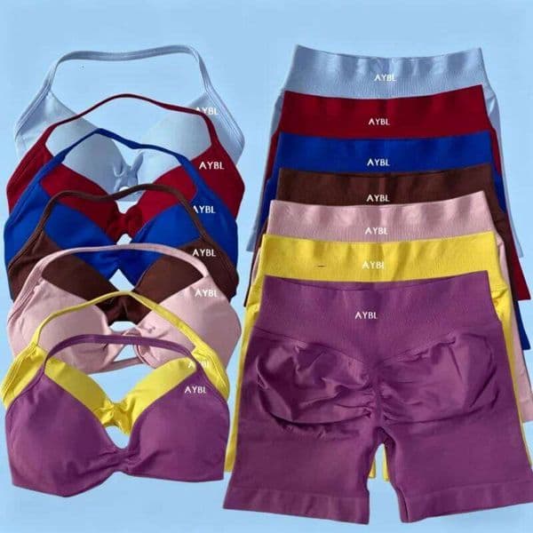 AYBL 2PCS Gym Women Strappy Bra Top High Waist Workout Scrunch Shorts Sports Suit Seamless Yoga Set Fitness 26Y0509