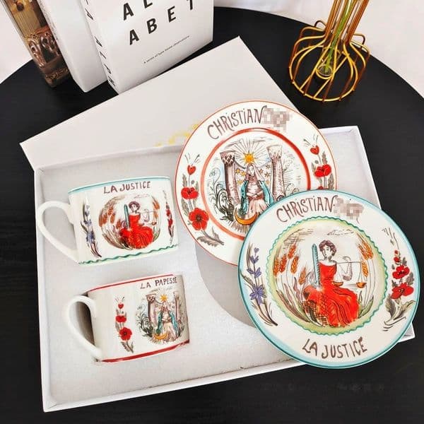 French luxury designer coffee cup and saucer set - Quartz ceramic Italian coffee cup - Sun and Moon patterns from ancient mythology - Afternoon tea set Y260520
