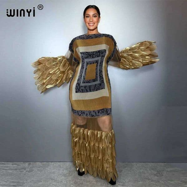 WINYI Pleated Elastic loose beach cover up kaftan dubai luxury party fashion evening dress abaya muslim woman MAKOUFEI