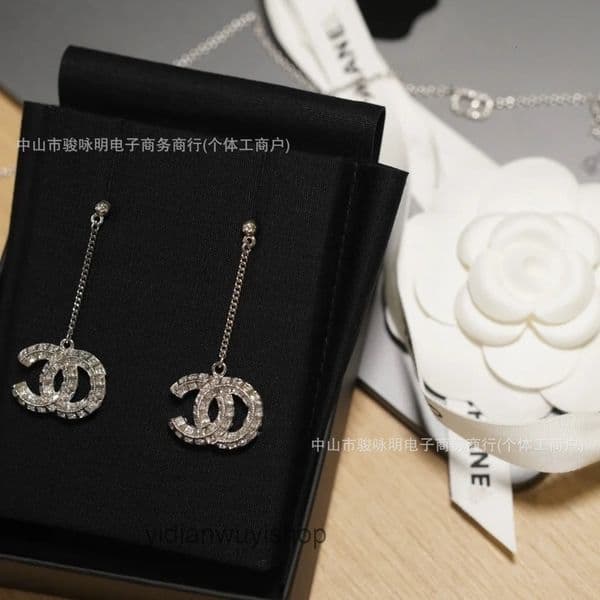 Designer Earrings channels earrings Double-Sided Inlaid Square Diamond Earrings for Women Long Drop Earrings with Silver Studs Jewelry cc earring