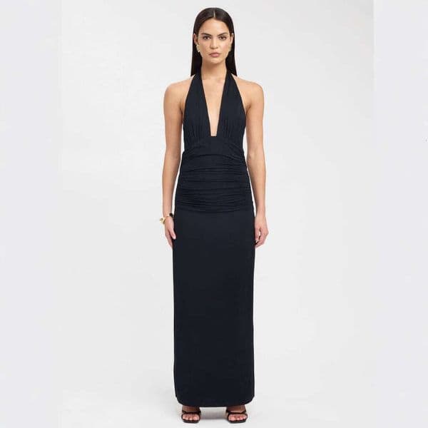 Summer new European and American cross-border sexy halter neck deep V tie-back open-back slim-fit slit solid color long dress