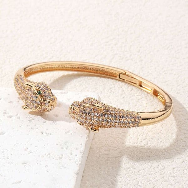 Exquisite Light Luxury Emerald Open Double-Headed Leopard Zircon Bracelet Vintage High-End Fashion Personality Jewelry