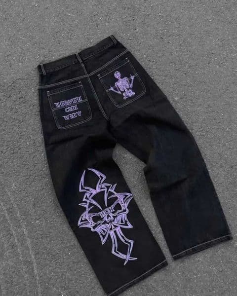 Fashion trend skull pattern embroidered loose jeans mens street Y2K new hip-hop wide leg pants mens unisex jeans Z260429
