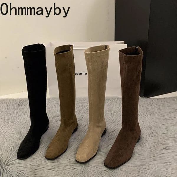Vintage Women Knee High Boots Fashion Square Low Heel Shoes Concise Slim Long Botas De Mujer 260508