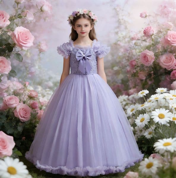 Custom Flower Girl Wedding Dress Lavender Purple Off Shoulder Ruffle Puff Sleeve Lace Bodice Satin Bow Ruffle Hem Ankle Length Garden Wedding Free Shipping