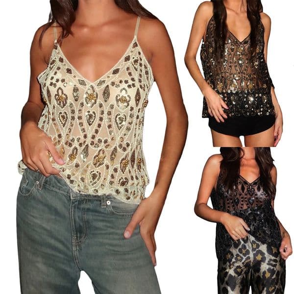 2025 Fashion Womens Sequin Slim Camisole Spaghetti Strap V-Neck Slim Fit Cropped Tank Tops Streetwear 260509