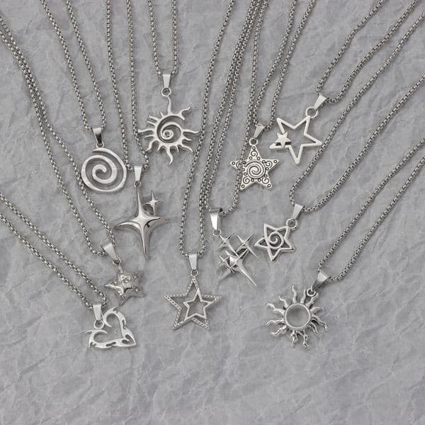 Y2K Star Sun Spiral Pendant Necklace Set Silver Tone Geometric Star Chain Necklaces for Men Women Punk Streetwear 260508