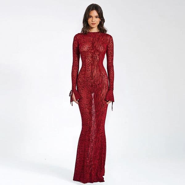 Elegant Sexy New Round Neck Backless Party Red Leopard Print Fashion Mermaid Dress for Women