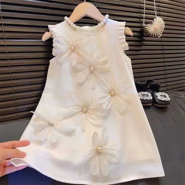 Summer New Girls Casual Clothes Pleated 3D Flower Sleless Princess Dress Korean Version Solid Color Children 2-12 Years OldJ260509