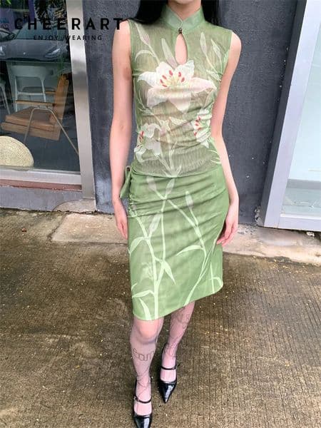CHEERART Two Piece Set For Women Elegant Summer Outfit Green Lily Floral Vintage Top And Skirt Ladies Clothes 260509