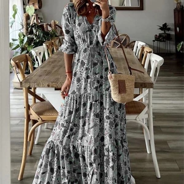 Womens Clothing Temperament Vacation Sexy V-neck Fashionable Printed Lace Up Seven Quarter Sleeve Large Swing Long Dress 260429CJ