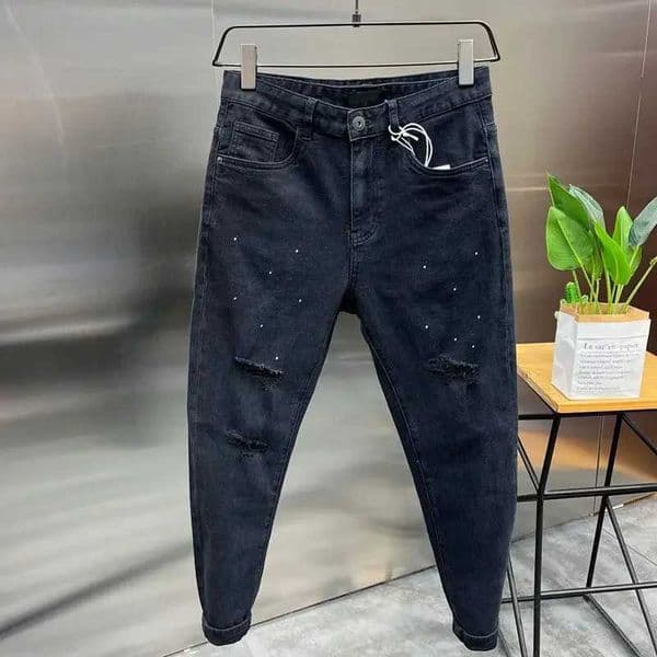 Fashion Ink Jet Black Hip Hop Stretch Vintage Slim Fit Casual Denim Jeans for Men Spring and Autumn Distressed Designer for Men L260509