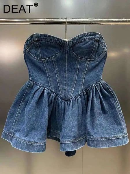 DEAT Fashion Sexy Outwear Spliced Elesatic Zipper Tank Tops Women High Quality Slim Denim Top Female Autumn 11P01546 260430