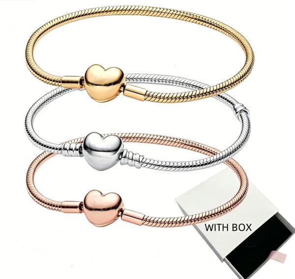 Women Rose Gold Heart Charm Bracelet Silver Snake Chain Luxury Designer Bangle Necklace Fine Jewelry Wedding Christmas Birthday Party Gift