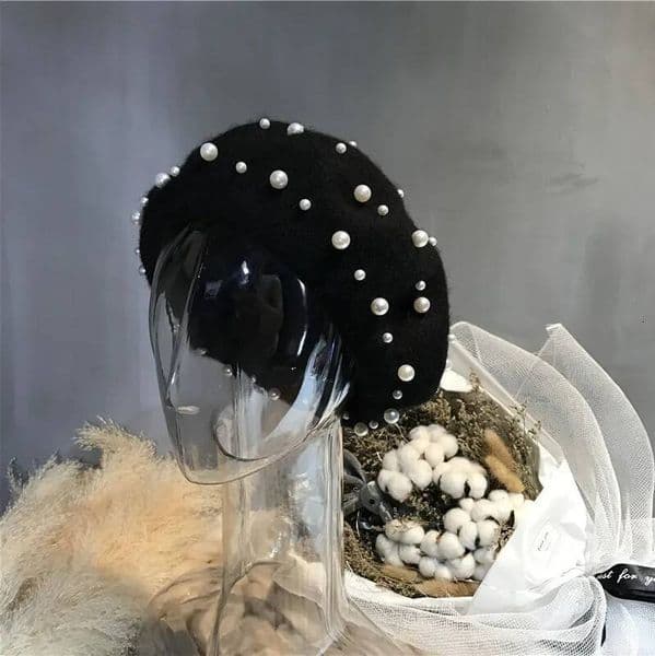 Autumn Winter Pearl Wool&Blend Beret Women's Vintage Woollen Pumpkin Cap